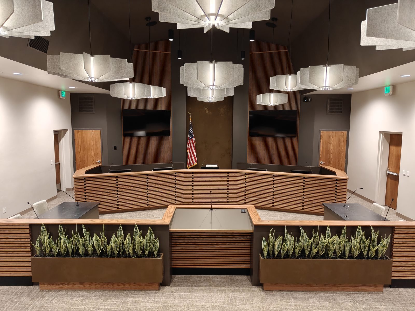 Virgin Town Hall Chamber System with displays and mounted microphones installed by Harmony Audio