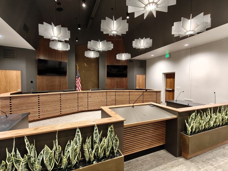 Virgin Town Hall symmetric chamber view with dual displays